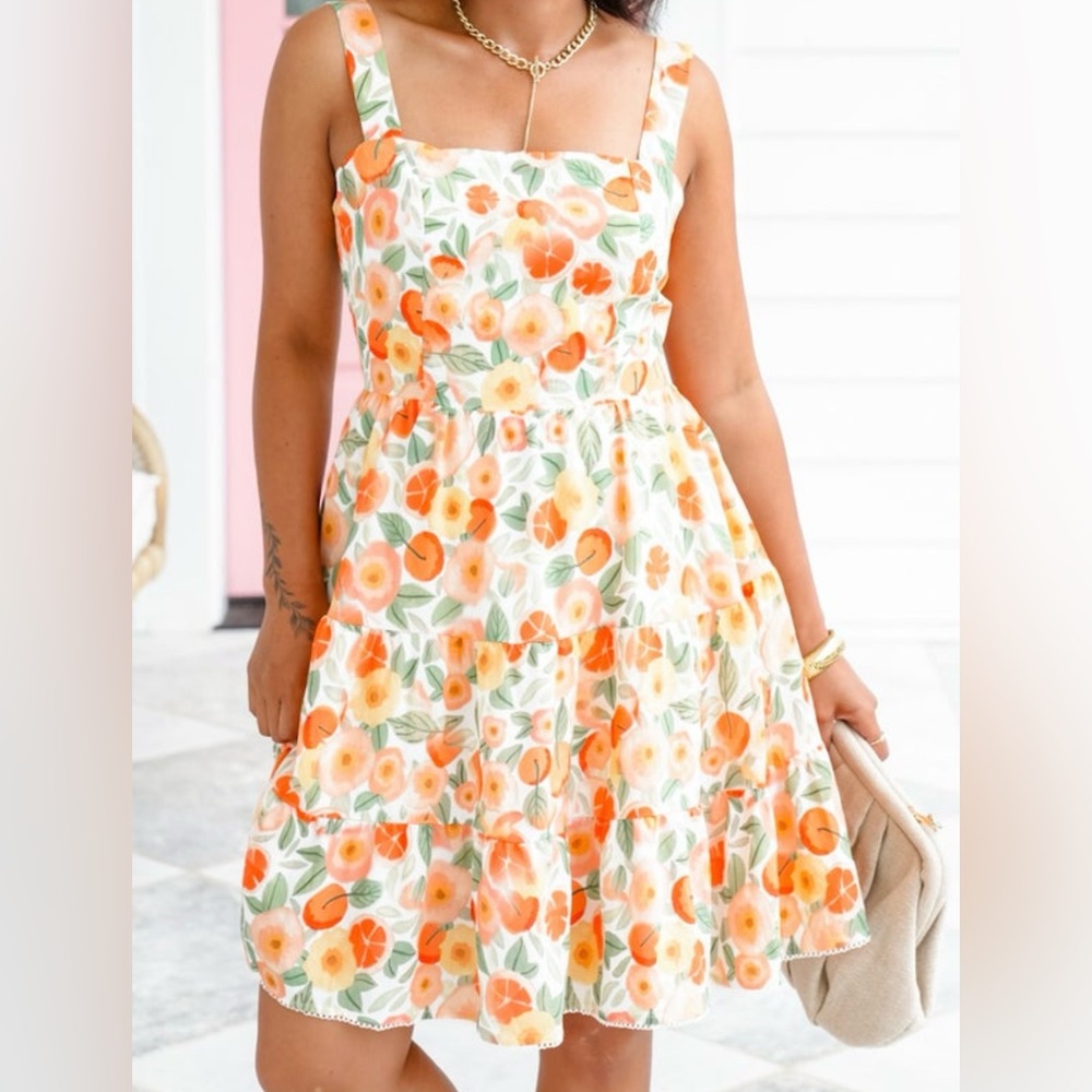 Lovelo Floral Orange and Green square neck dress